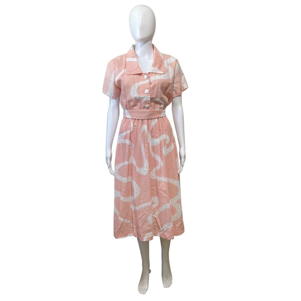 Vintage Miss Oops Pink & White Retro Belted Dress Fit & Flare